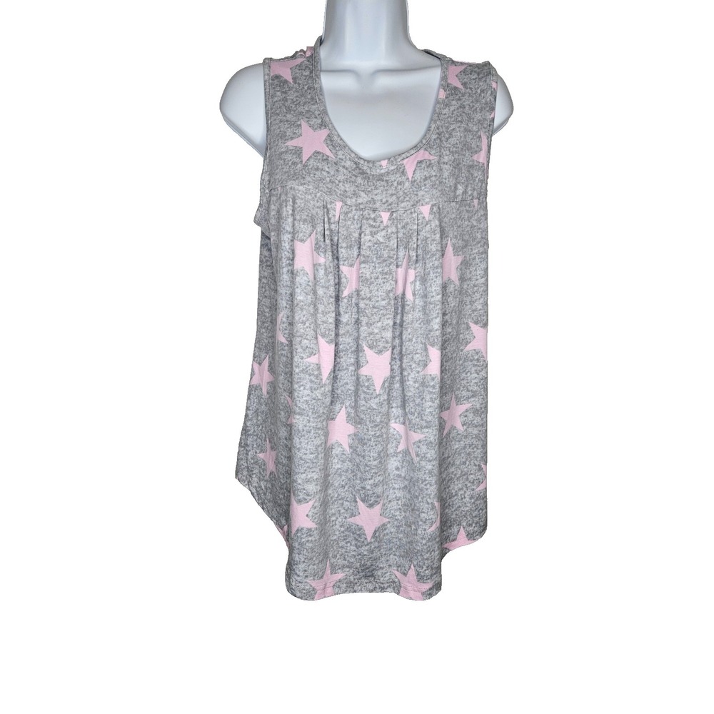 Womens 1X Gray Pink Star Print Sleeveless Tunic Top‎ Rayon Stretch Y2k Casual